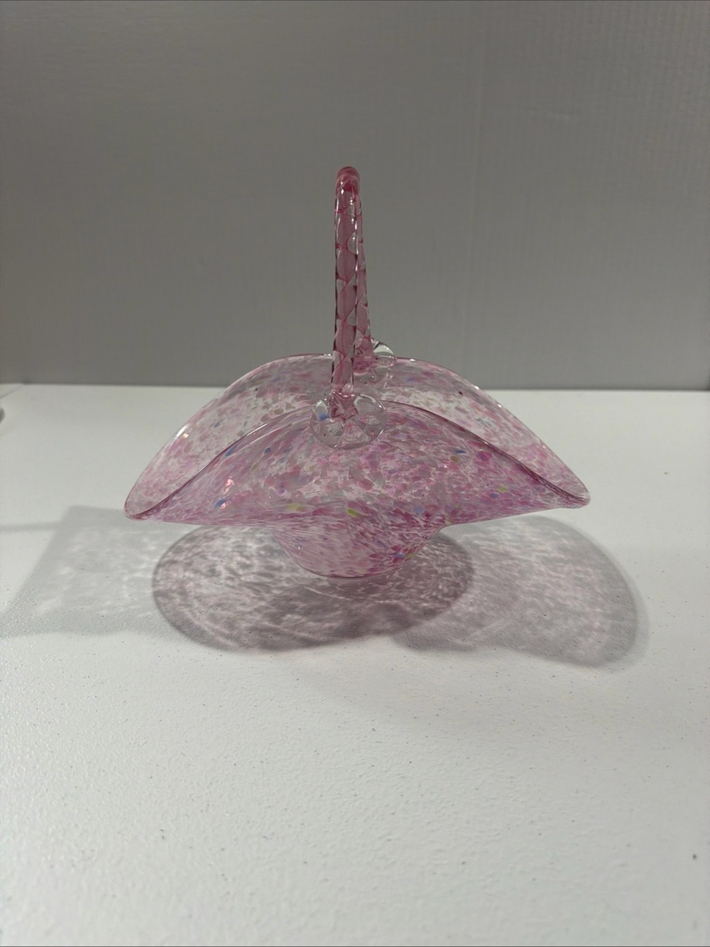Vtg Murano Pink Confetti Art Glass Basket With Twisted Handle / Great For Candy